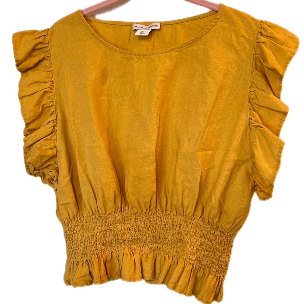 Linen Blend Ruffle Sleeve smocked at waist mustard sunflower top SZ Large